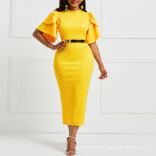 Slim Pencil Ruffle Half Sleeve Yellow Mid-calf Career Dresses For Lady